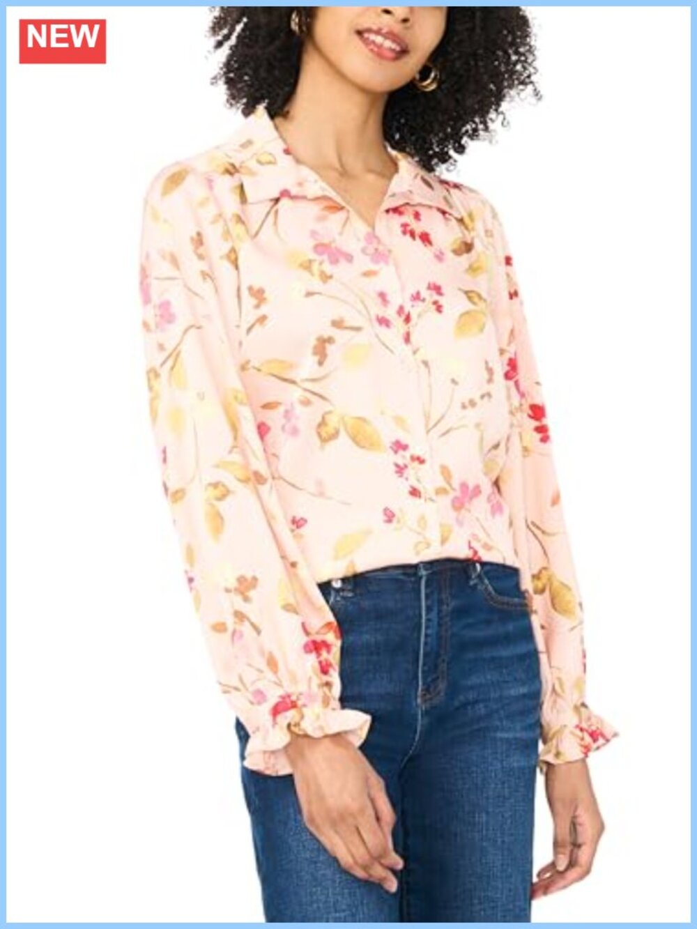 Floral Long Sleeve Button Down Ruffle Cuff Blouse